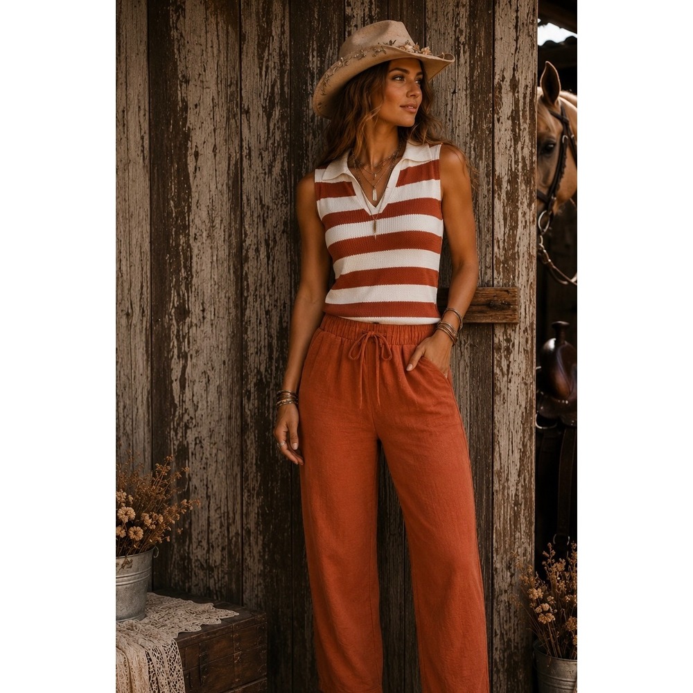 206. New Zenana Womens Rust Orange Drawstring Elastic Waist Straight Leg Pants